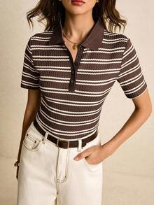 Poéselle Áo thun ngắn tay kẻ sọc phong cách thường ngày dành cho nữ, thích hợp mặc đi làm, mùa hè. - màu nâu - Xem 2