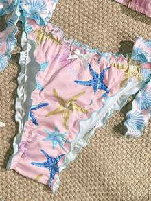 Swim Mod 两件套女士比基尼套装，罗纹海星装饰挂脖三角泳衣，休闲海滩度假 - 彩色 - 查看 5