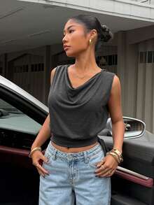 Muchica 深灰色针织女式休闲连帽抽绳背心 - 灰色 - 查看 3