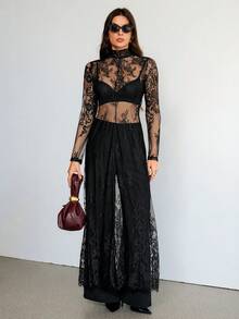 SHEIN Tall 2025 Thích hợp cho nhiệt độ 5-15°C, Có thể mặc nhiều lớp, Phong cách đô thị hiện đại, Vải ren đen, Dáng ôm eo, Đầm dài nữ, Thanh lịch & Đa năng cho trang phục hàng ngày, Đầm dự tiệc mùa xuân hè mới, Trang phục ren xuyên thấu cho nữ - màu đen - Xem 9