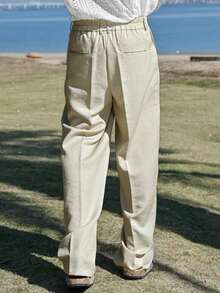 DAZY Spring Solid Beige Slim-Fit Men's Suit Pants - Beige - View 2