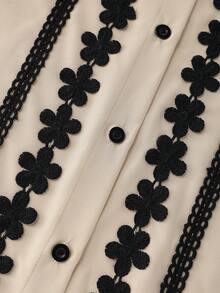 Franclia 卡其色长袖衬衫，黑色蕾丝边饰，搭配卡其色阔腿裤，休闲优雅的春夏两件套服装 - 卡其色 - 查看 5