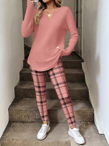 EMERY ROSE 大码女式纯色V领长袖上衣和格子打底裤休闲两件套 - 彩色 - 查看 4
