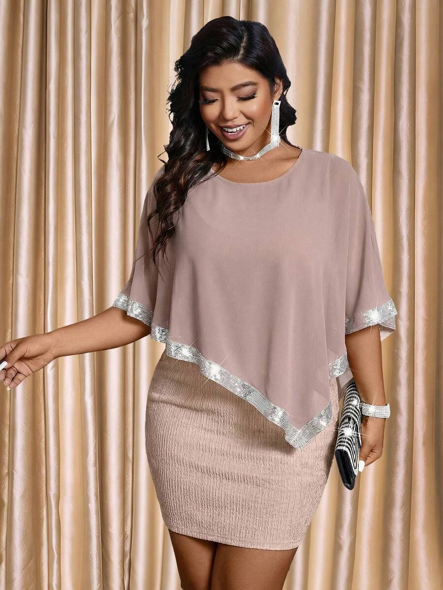 Cravure 大码圆领亮片雪纺拼接串珠缎带披肩罩衫，柔软提花纹理面料，二合一优雅时尚派对礼服 - 杏色 - 查看 1