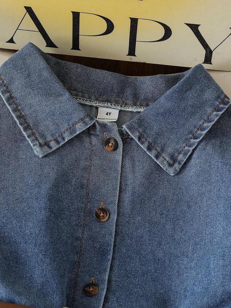 SHEIN Playful Pals Vestido camisero de niña con hombros caídos, cuello, botones delanteros y cinturón de moda, adecuado para uso casual diario y de vacaciones, vestido formal para niña joven - Azul lavado oscuro - Añade 4