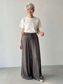FRIFUL Pantalones casuales sueltos de unicolor con cordón en la cintura, versátiles para primavera y verano - Gris - Ver 5