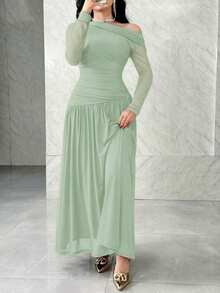 Feyla Vestido elegante de manga larga con hombro asimétrico y fruncido en unicolor para mujer - Verde Gris - Ver 5