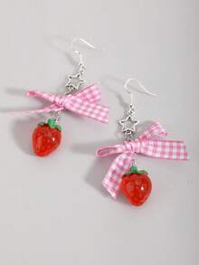 ROMWE Goth 两只装时尚镶钻粉色爱心、蝴蝶结、草莓、星星耳环，适合女性日常佩戴，情人节礼物 - 紅色-AA - 查看 4