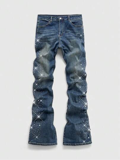 ROMWE MEN 男士闪亮钻石水洗层叠斜插口袋牛仔裤