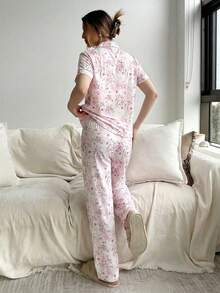 Aloruh 花卉印花衬衫和裤子家居服套装，日常休闲款 - 杏色 - 查看 2