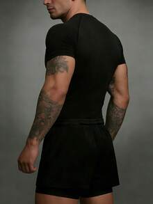 GymBeat Stylish Men's Half Sleeve Round Neck Black Sports Set Featuring Halloween Pattern And Convenient Pockets - Black - View 2