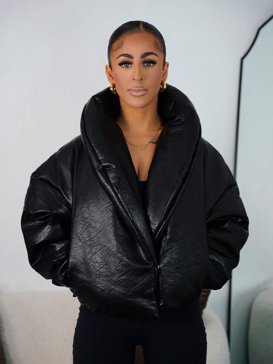 SAYEHFBABY 加厚翻领仿皮外套，适合夜间外出、秋季、冬季、返校季、日常穿着、圣诞派对、优雅晚宴等场合。 - 黑色 - 查看 1