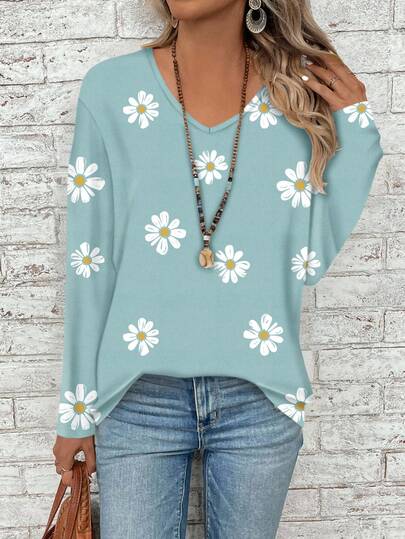 EMERY ROSE Plus Size Women V-Neck Floral Print Casual Loose Long Sleeve T-Shirt/Winter,Vacation/Summer/Spring