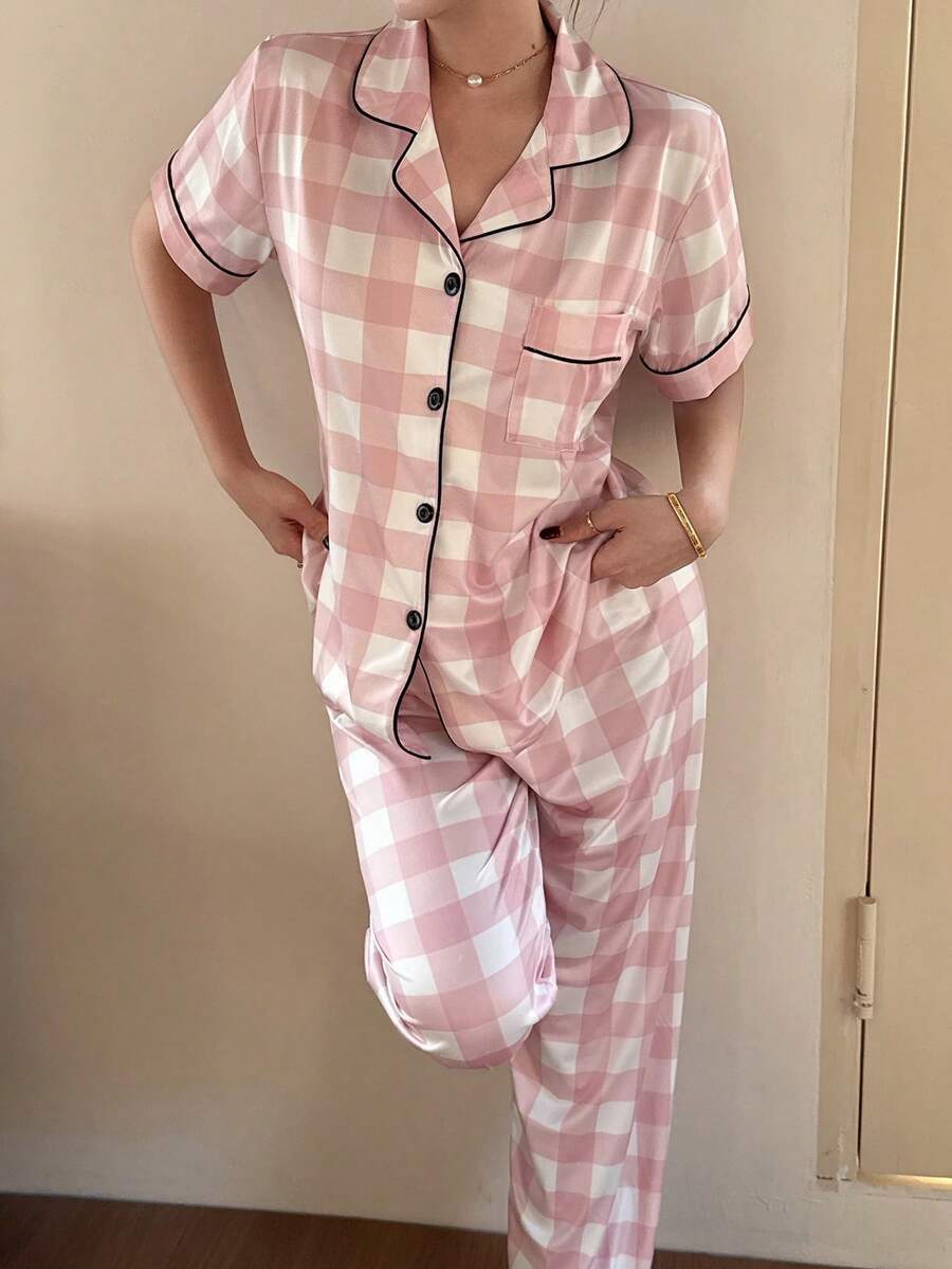 SHEIN Napfluff Pink & White Plaid Print Pattern Women Short Sleeve Pajama Set - Multicolor - View 1