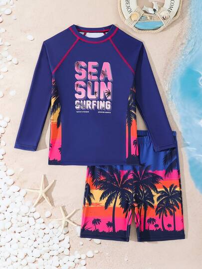 SHEIN 男童热带椰树印花针织背心式泳衣套装，适合夏季海滩、游泳、度假、冲浪、潜水