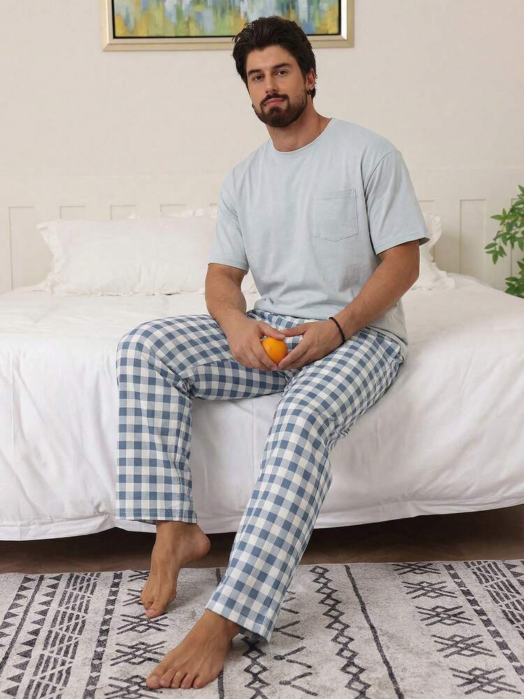 Men's Solid Color Short Sleeve T-Shirt And Pants Pajama Set, Spring/Summer