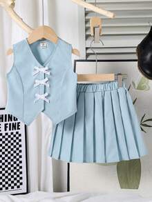 Elladie kids Young Girl Bow Decor Vest And Pleated Mini Skirt Casual Set School Clothes Girls Girls Skirt Set Kids Girl Outfit Girls Outfits Sets Pleated Skirt Set Kids School Girl Outfit Girl Skirt Outfits School Clothes Uniform Girls Summer Coord Set School Outfit For Kids Girl - Blue - View 1