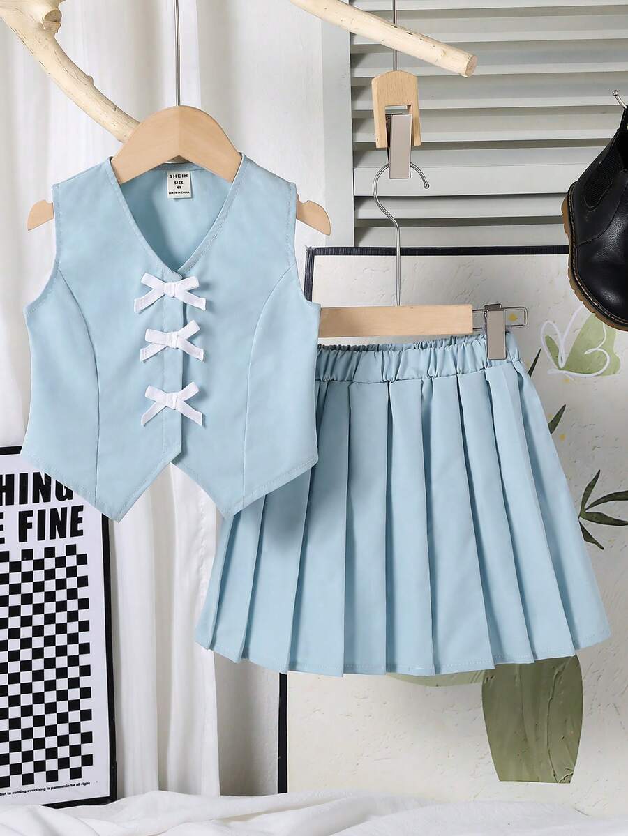 Elladie kids Young Girl Bow Decor Vest And Pleated Mini Skirt Casual Set School Clothes Girls Girls Skirt Set Kids Girl Outfit Girls Outfits Sets Pleated Skirt Set Kids School Girl Outfit Girl Skirt Outfits School Clothes Uniform Girls Summer Coord Set School Outfit For Kids Girl - Blue - View 1