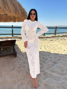Women's Summer Beach Lace Cut Out Cover-Up Dress - Apricot - View 5