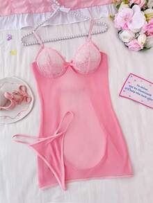 SHEIN 2pcs Mesh Contrast Lace Lingerie Set With Underwire For Women - Pink - View 7