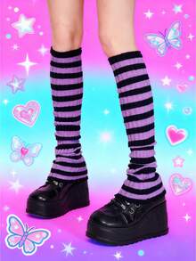 ROMWE Goth 1双过膝针织袜，秋冬季保暖条纹撞色叠穿袜，日常百搭基础色护腿袜 - 黑紫 - 查看 1