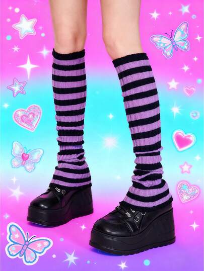 Goth 1 Pair Of Over-Knee Knitted Socks, Autumn And Winter Warm Striped Contrasting Color Stacking Socks, Daily Versatile Basic Colored Leg Covers