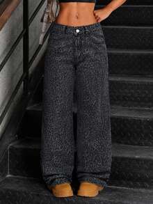 SHEIN Tall 时尚豹纹低腰水洗阔腿女式牛仔裤 - 灰色 - 查看 7