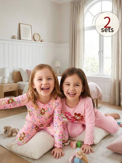2pcs Young Girls Rabbit Graphic & All-Over Print Wavy Hem Design Comfortable Casual Long Sleeve Top And Pants Pajama Set Kids Pajama Set