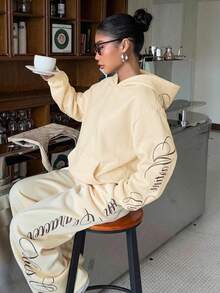 SHEIN EZwear 蛋黄色女式连帽刺绣卫衣 女式坏女孩服装 黄色卫衣 奶油黄服装 Y2K卫衣 - 淡黃色 - 查看 6