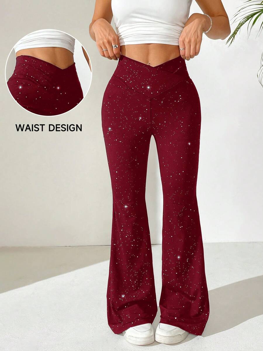 SHEIN EZwear Women's Fashion Criss-Cross Waist Shiny Flare Pants - Burgundy - View 1