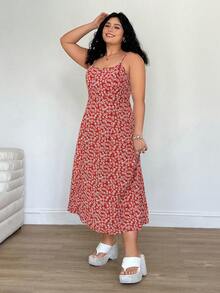 Solflare 大码女式沙滩度假装，白色碎花绿色吊带连衣裙，春夏服装 - 紅色 - 查看 4