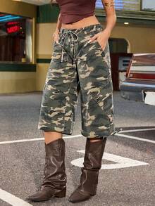 Jeanoix Y2K 女士牛仔迷彩阔腿七分裤 - 彩色 - 查看 3