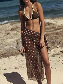 Maija Women's Summer Beach Contrast Color Halter Sexy Bikini Swimsuit Set With Polka Dot Coverup And Mini Skirt Holiday Vacation,Vacation Outfits Women,Summer Holiday Outfits ,Beach Vacation Outfits For Women - Brown - View 6