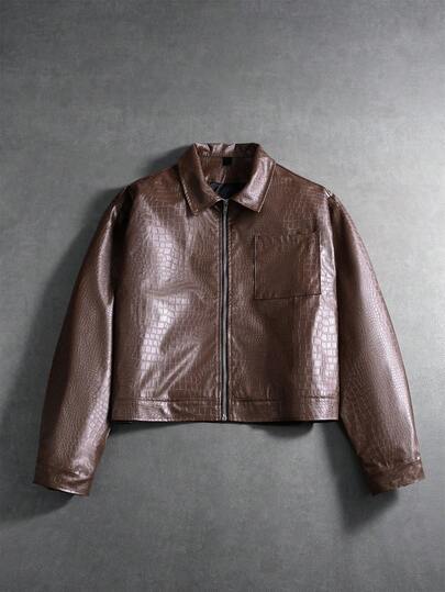 PAVTROS Herrmode Casual Street Dragkedja Fram Krokodilpräglad Läderjacka