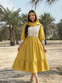 Teen GirlFestive Middle Eastern Satin Patchwork Embroidered Pattern Princess Puff Sleeve Princess Dress - Yellow - View 4