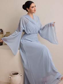 Graceveil Women's Elegant Modest Dusty Blue Dress,Autumn Dining Commute V-Neck Asymmetric Draped Pleated Flare Sleeve Textured Lightweight Loose Sheer Outfit - Gray Blue - View 6