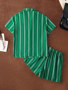 HARRY POTTER X SHEIN Striped Badge Patterned Top And Shorts Lounge Set, - Green - View 2