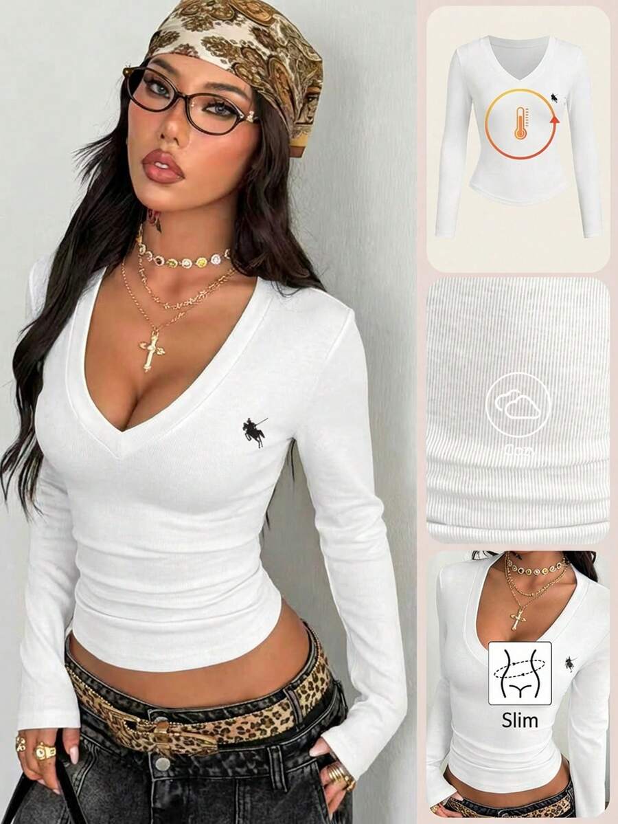 Coolane Women's Fall/Winter Streetwear Renaissance Fair Basic Rib Knit Warm/ Cold Weather/ Thermal Stretchy Long Sleeve V-Neck T-Shirt - White - View 1