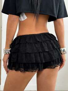 Coolane Quần short siêu ngắn ren đen xếp tầng bèo nhún dành cho nữ cỡ lớn mùa xuân/hè, phong cách punk rock bohemian gợi cảm, lễ hội âm nhạc Y2K, quần short cạp siêu thấp bằng ren mới, quần short ren bèo nhún màu đen. - màu đen - Xem 7