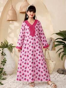 SHEIN Vestido de manga larga con cuello en V y estampado de rosas rosadas en todo el vestido, estilo dulce de vacaciones, para primavera/otoño - Multicolor - Ver 6