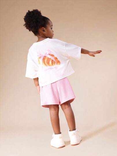  SUMWON Girls Croissant Print T-Shirt And Shorts Co-Ord Set Oversized Short Sleeve Crew Neck Summer Casual Two Piece Outfit Vacation