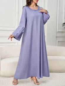 Al Najma Women's Solid Color Beaded Decor Round Neck Flare Sleeve Elegant Arabic Style Dress - Purple - View 6