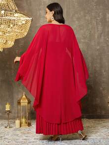 EMERY ROSE Plus Size Women's Elegant Solid Color 2-Piece Set, Chiffon Shawl Collar Lightweight Mid-Length Pleated Hem Dress & Cover Up Set, Suitable For Parties And Romantic Dates - Pink - View 2