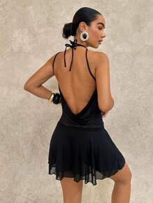 Swim Glamine Damen einfarbiges Halter-Rückenfreies Strandkleid, geeignet für Strandurlaub - Schwarz - Übersicht 2