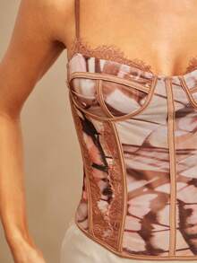 Silquee Summer Silky Mesh Lace Patchwork Fishbone Bra, Glamorous Marble Print Lace Bodysuit Camisole, Suitable For Valentine's Day, Christmas, Spring Break, Beach Vacation, Night Out, Hangout With Friends, Beach Party, Pool Party, Holiday Outfit, Casual Gathering, Cabin Trip, Daily Wear