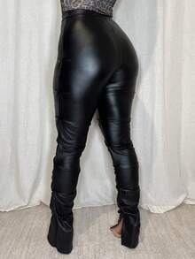 Dayanna Comas 女士时尚街头风高腰褶裥开衩修身皮裤 - 黑色 - 查看 2