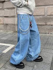 Manfinity EMRG Quần jeans ống rộng dáng suông họa tiết hoa kẻ caro phong cách đường phố dành cho nam, quần jeans thêu dành cho nam. - Rửa nhẹ - Xem 5