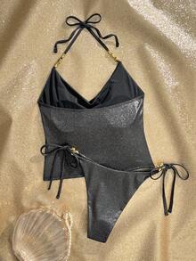 Swim Chiccia Summer Fashion Hot Selling Solid Color Tankini Top And Triangle Bottoms 2 Pieces Swimwear - Black - View 7