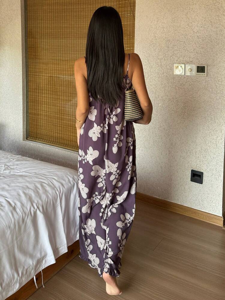 Floral All-Over Print Loose Women's Sleepwear Jumpsuit