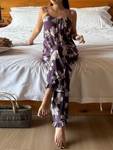 DAZY Floral All-Over Print Loose Women's Sleepwear Jumpsuit - Purple - View 4